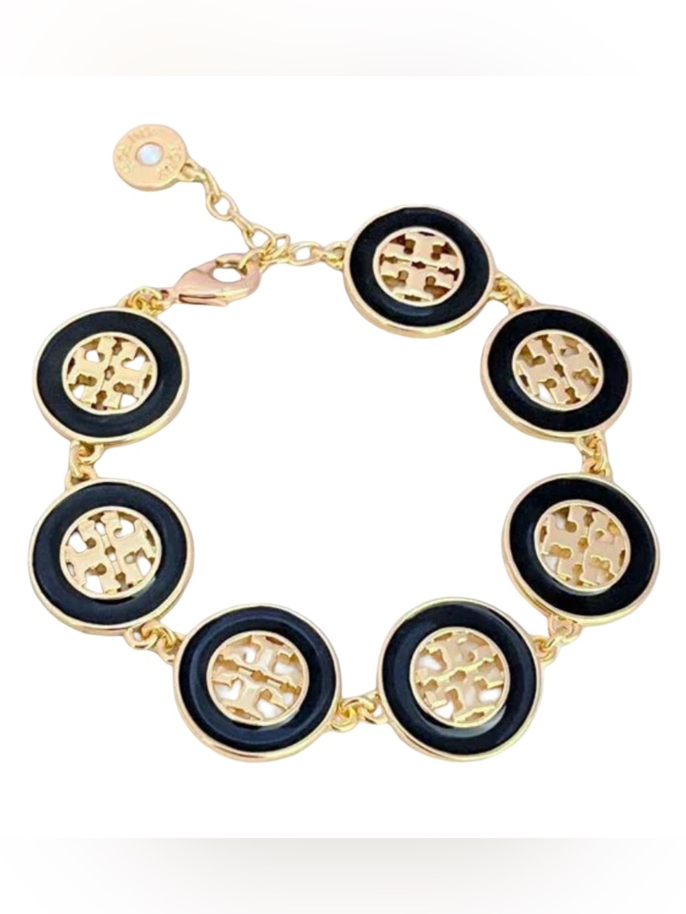 NWT Tory Burch Gold & Black Circle Link Enamel Logo Link Bracelet